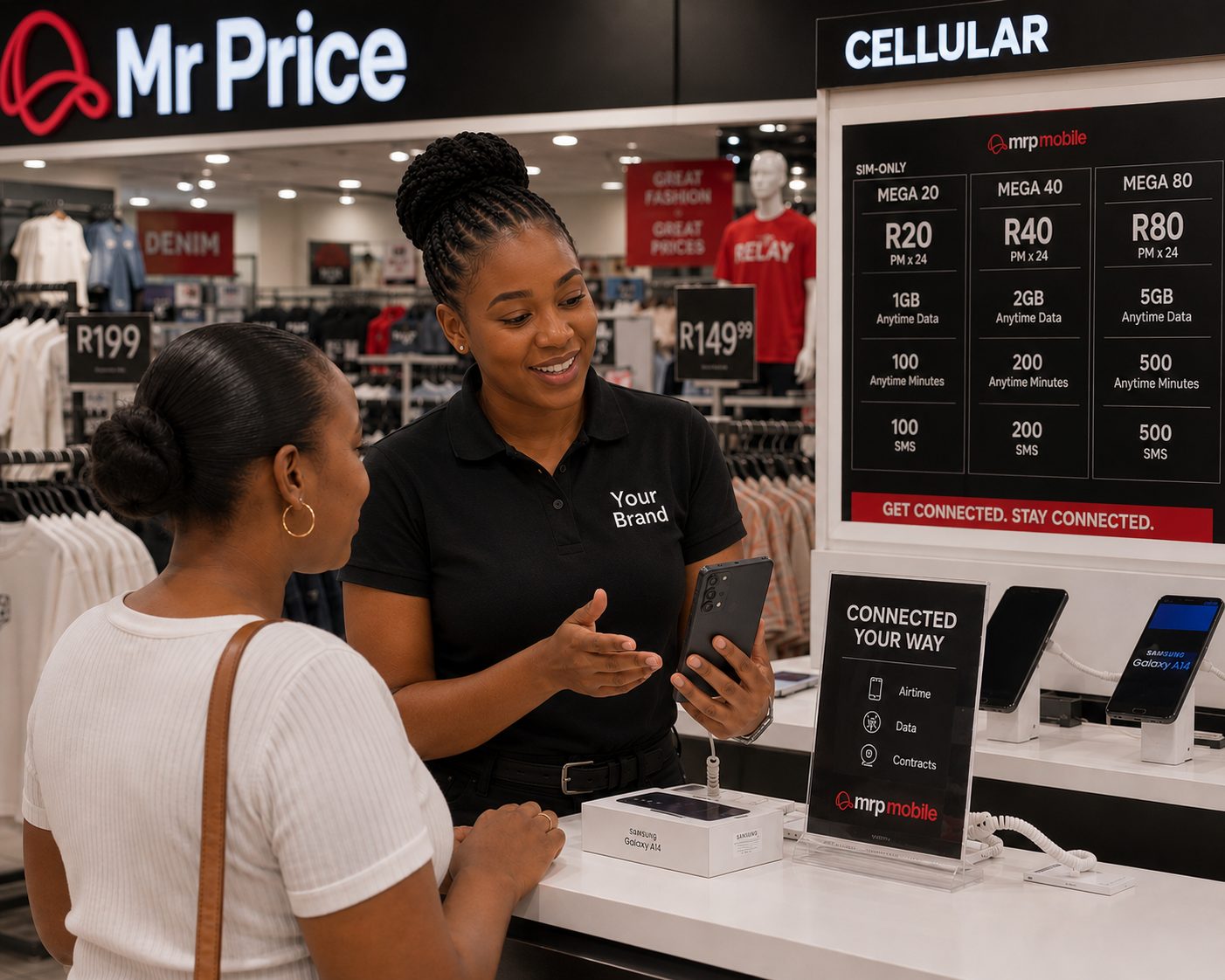 RGB Marketing brand ambassador assisting a customer at an in-store counter