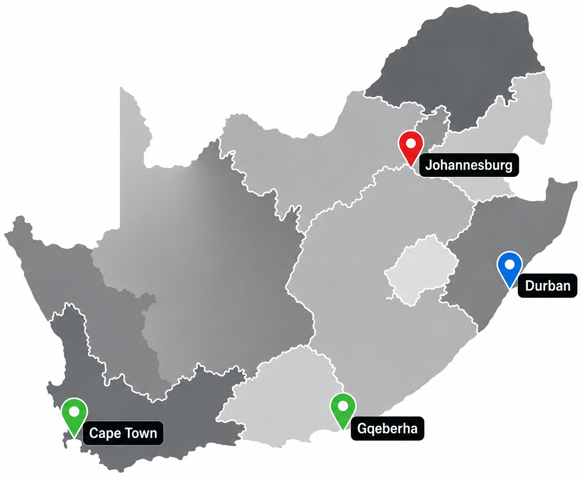 Map of South Africa showing RGB Marketing regional presence in Johannesburg, Durban, Gqeberha and Cape Town